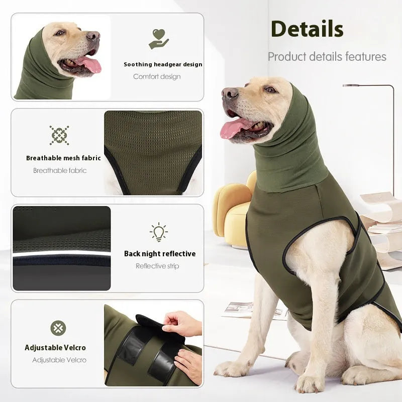 Army green and dark blue polyester dog anxiety jacket in sizes XS to XXXL for stress relief