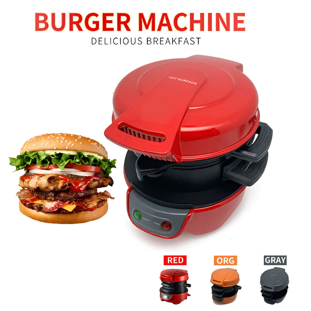 Bright red breakfast sandwich maker with egg cooker ring and baking trays on kitchen counter