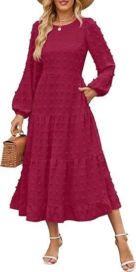 Women's autumn long sleeve dress with high waist and ruffled sleeves in solid colour