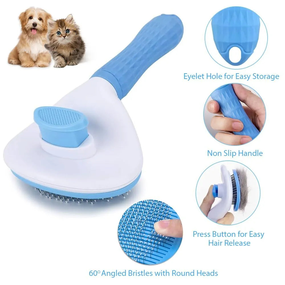 Blue cat grooming brush with a release button for removing collected pet hair.