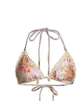 Women's creamy-white floral print bikini set with removable skirt for beach swimming