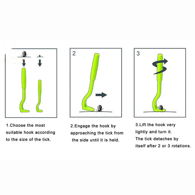 Three plastic pet tick removal hook tools in blue or green for dogs and cats.