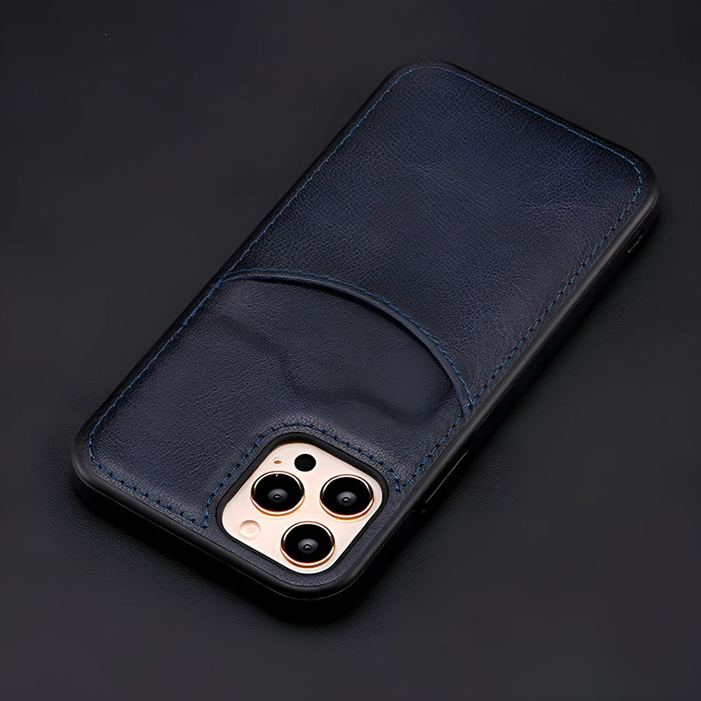 Dark blue PU leather protective case for iPhone models on a table.