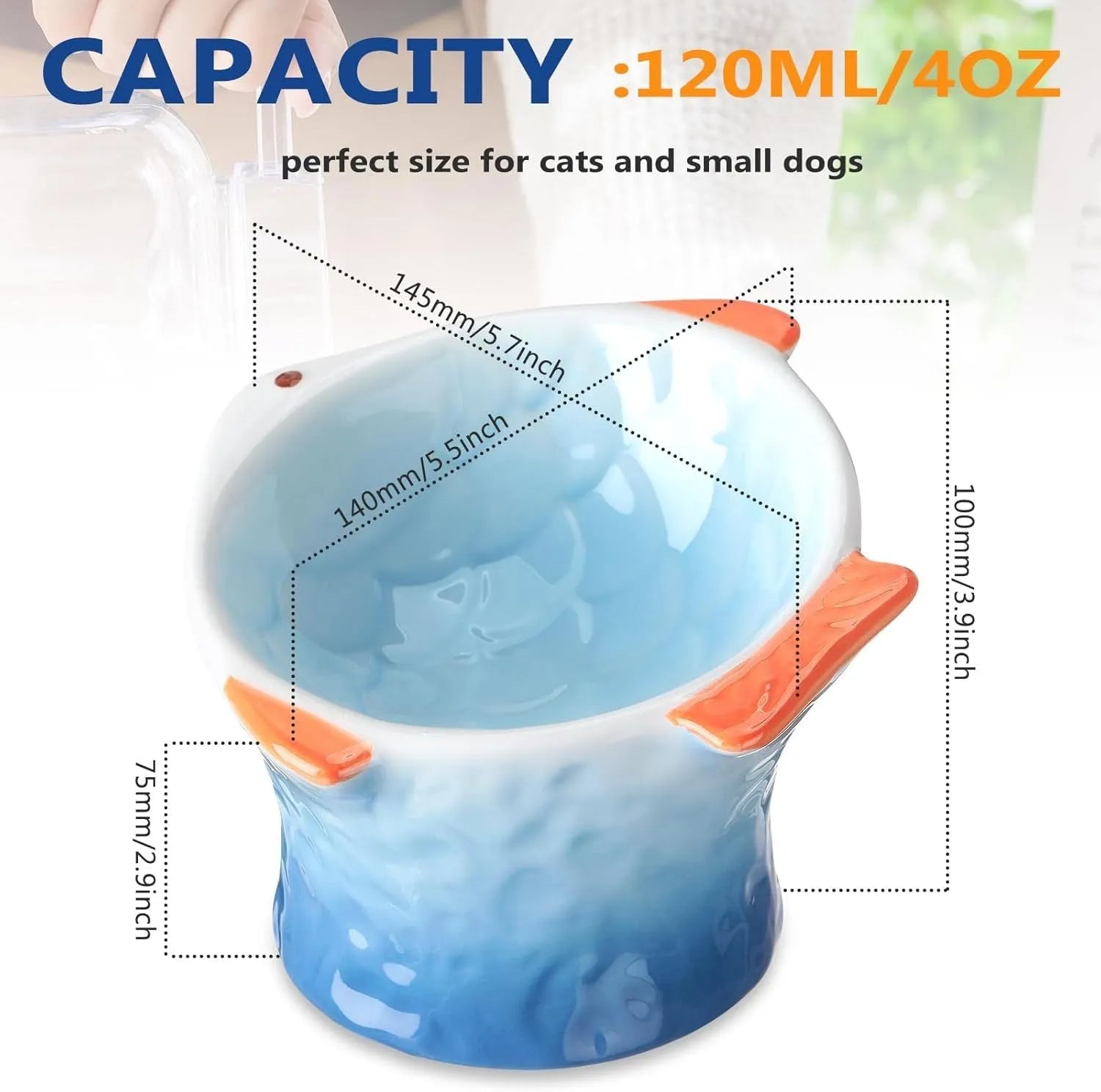 Blue fish-shaped ceramic cat bowl with elevated base and tilted food well