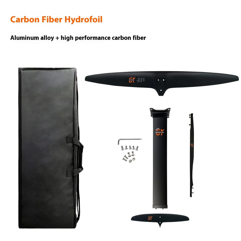 Black carbon fibre racing hydrofoil with 1051mm front wing for surfing