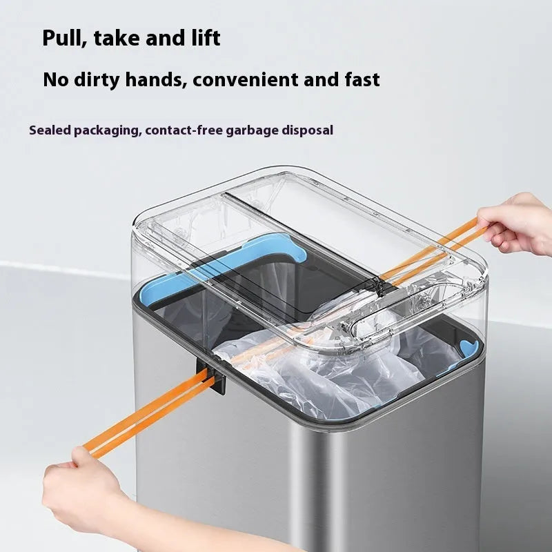 Stainless steel square automatic touchless kitchen bin with large capacity.