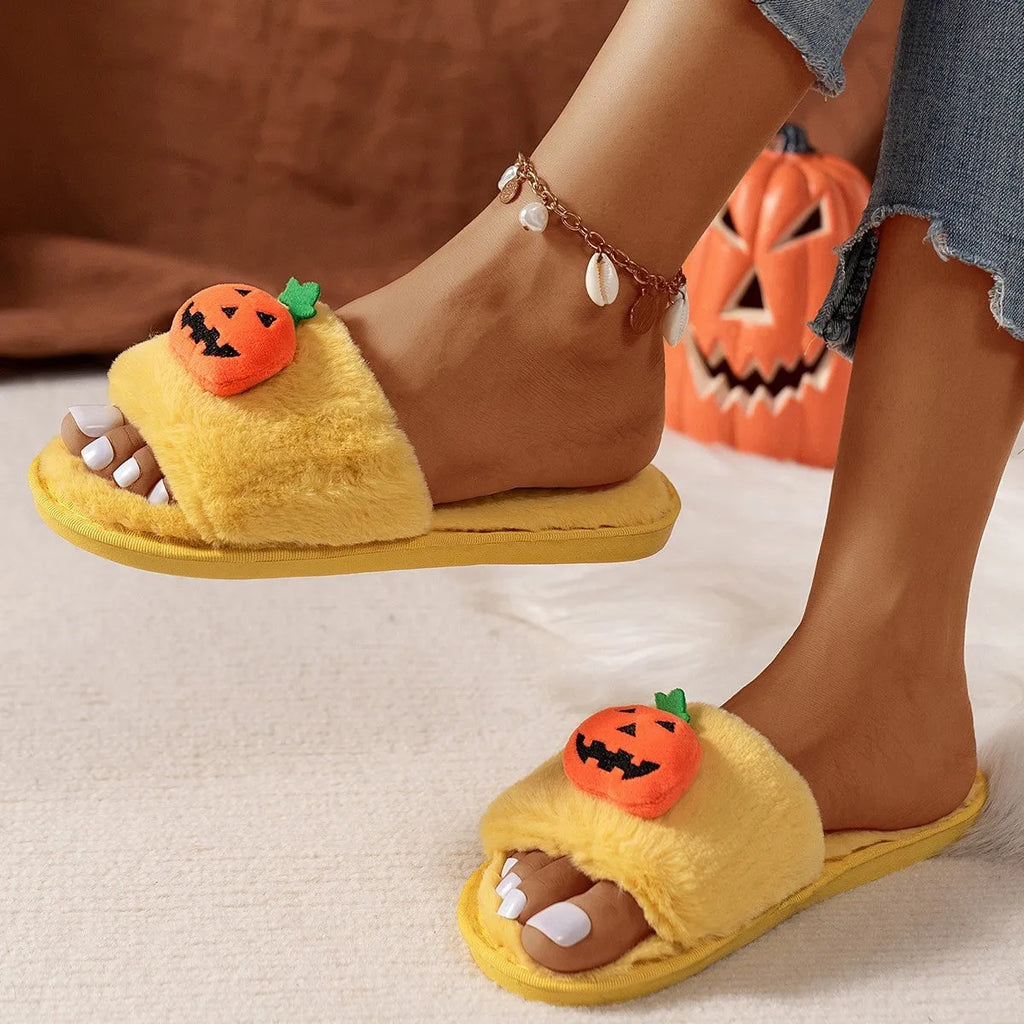 Yellow Halloween pumpkin cartoon design open toe slippers with soft synthetic fur upper.