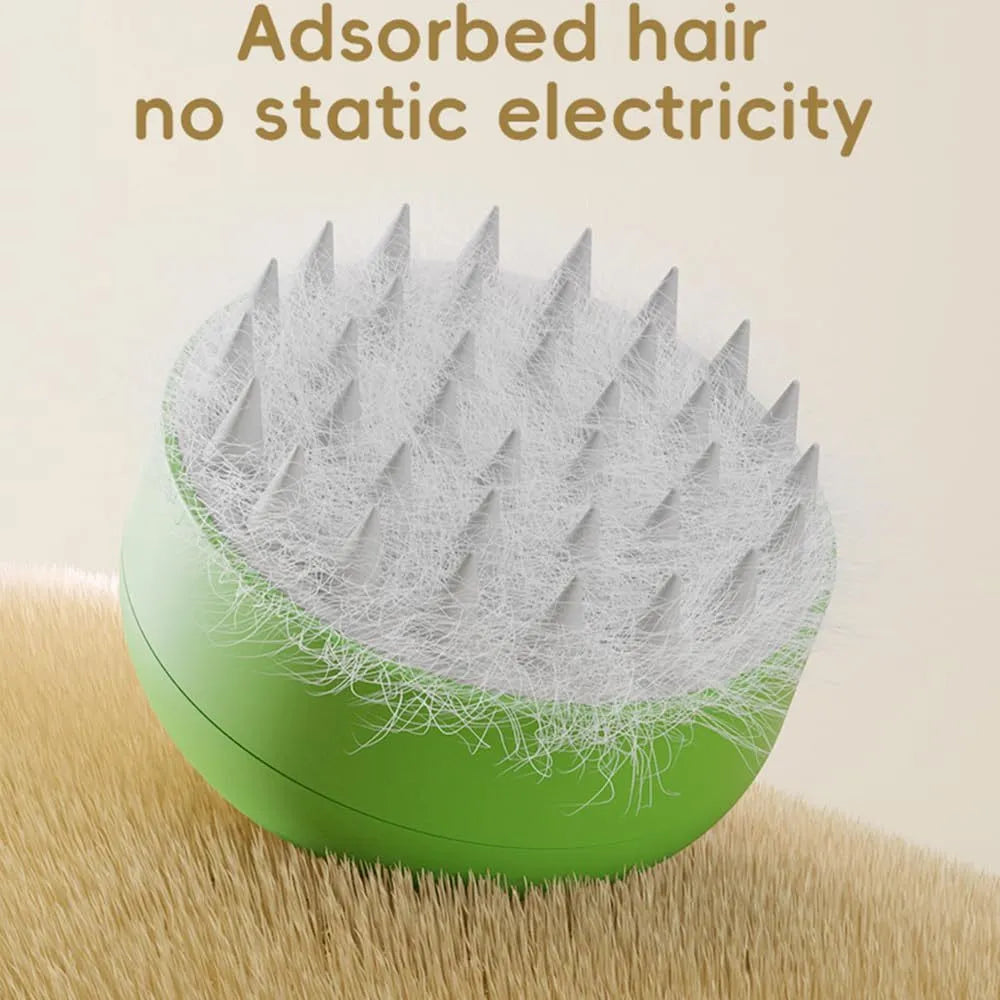 Green rechargeable cat and dog steam brush with soft silicone bristles on an ergonomic handle.