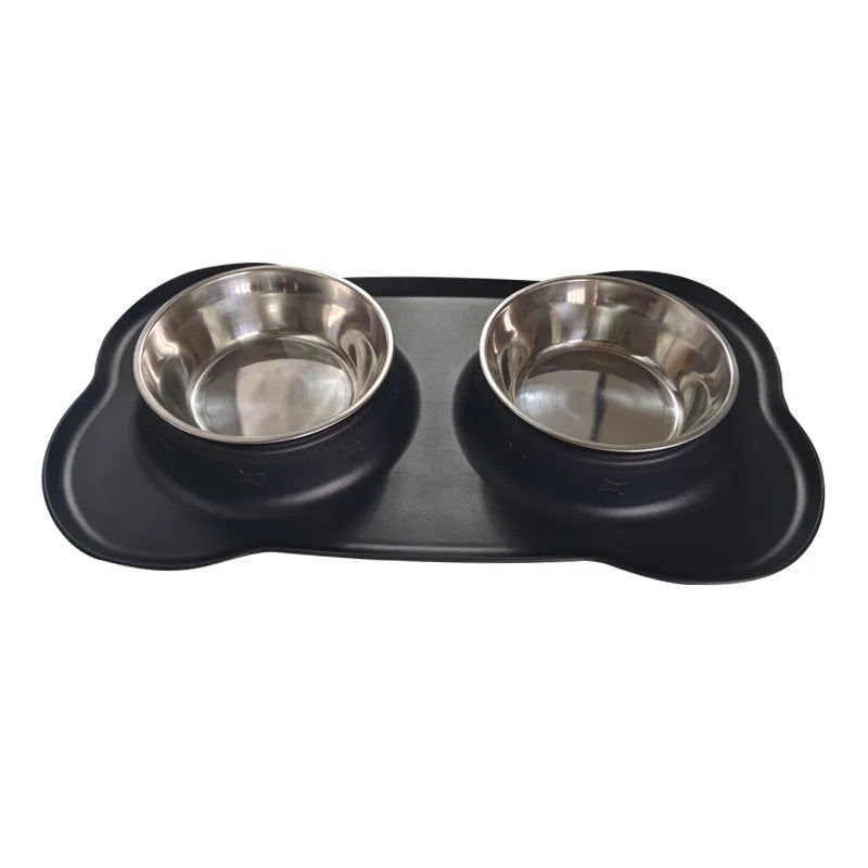 Large silicone dog bowl with stainless steel dish in blue colour on non-slip mat