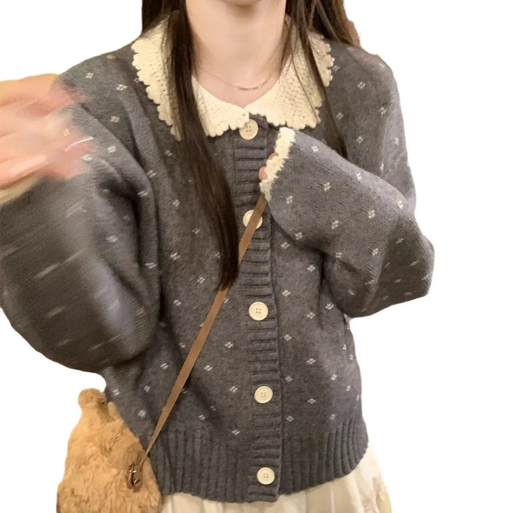 Women's knitted cardigan coat with Peter Pan collar in navy blue, apricot, or grey colours