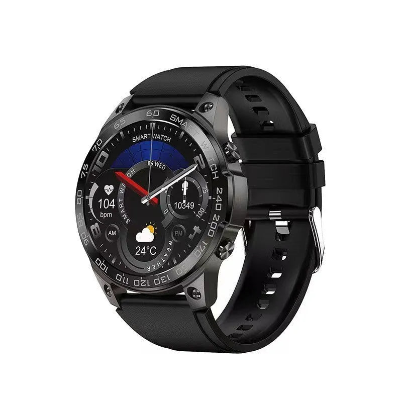 Bluetooth sports watch with round AMOLED display and silicone strap showing heart rate monitoring and call functions