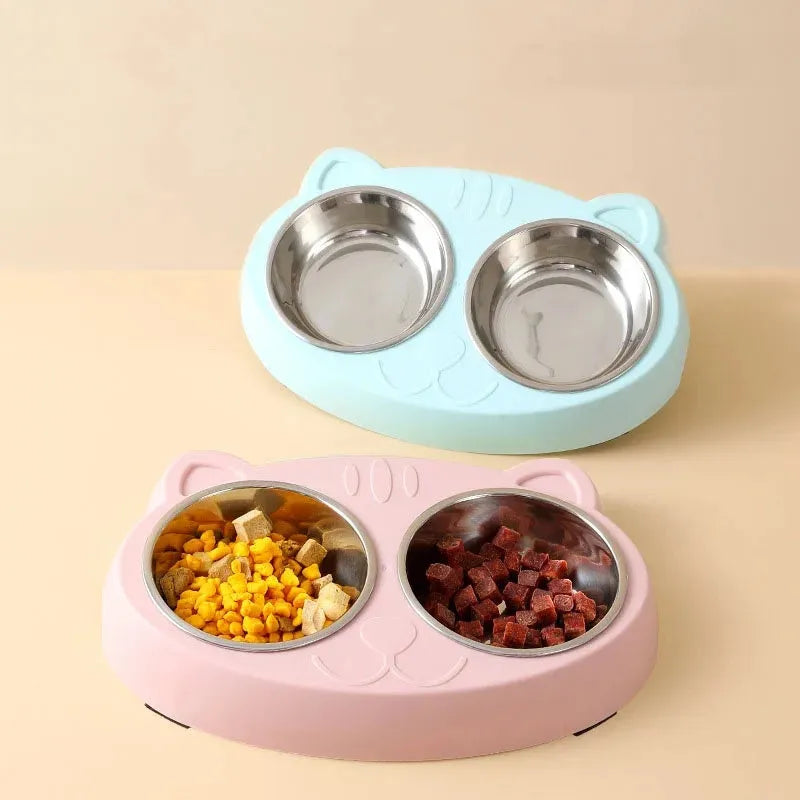 Blue macaron-shaped plastic double bowl pet feeder for food and water
