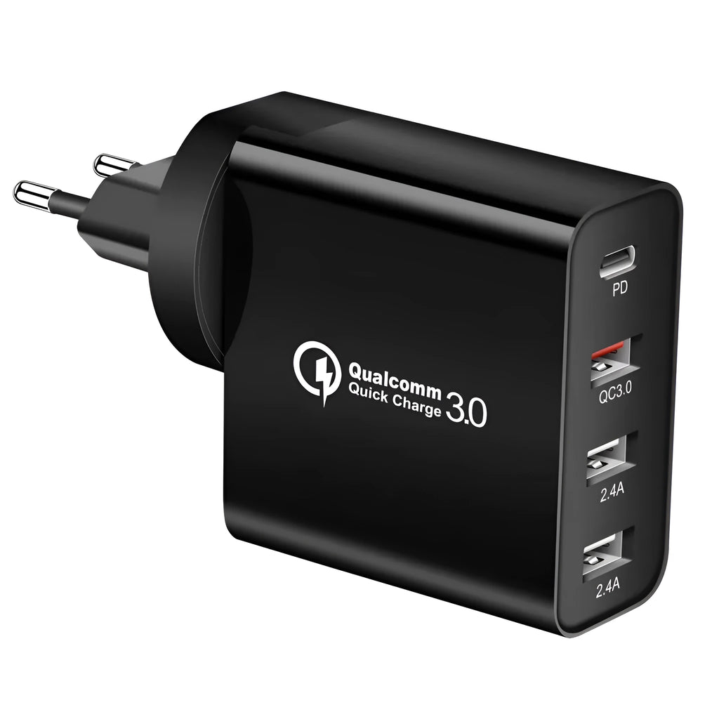 Multi-port USB fast charger with PD and QC technology in ABS plastic housing