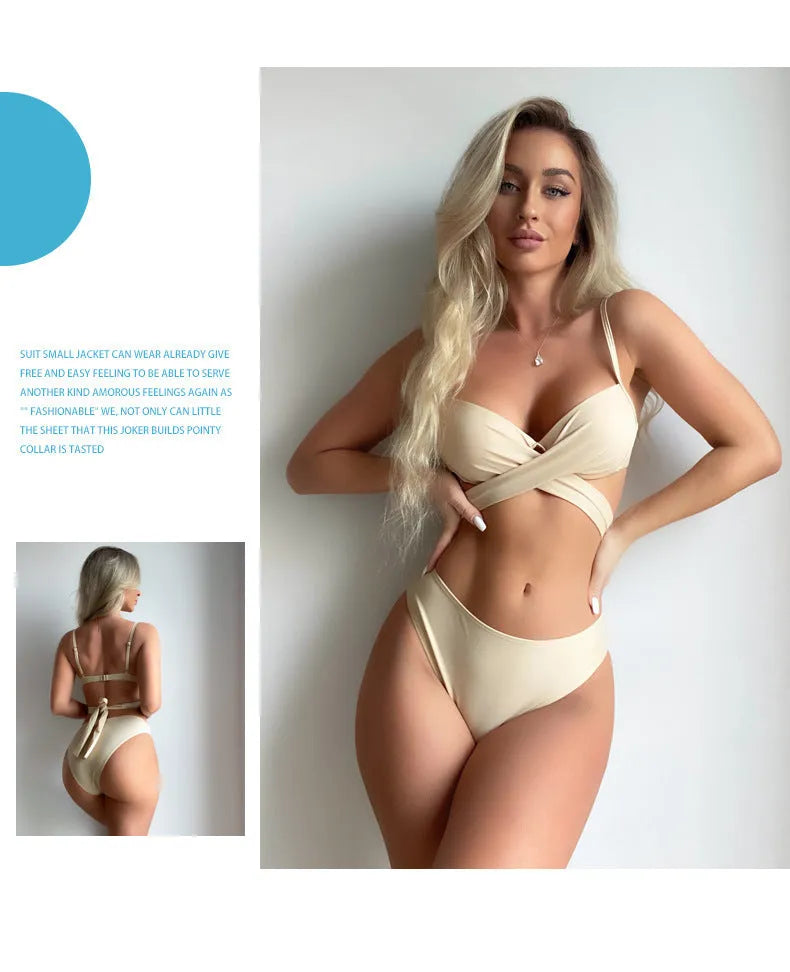 Three-piece backless push up bikini set with skirt in solid colour, showing top, panties, and skirt components in creamy white or reddish brown