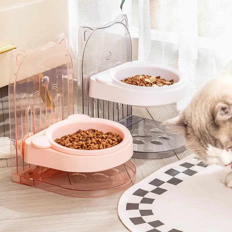 Grey adjustable height cat feeding bowl with anti-spill design and removable cage
