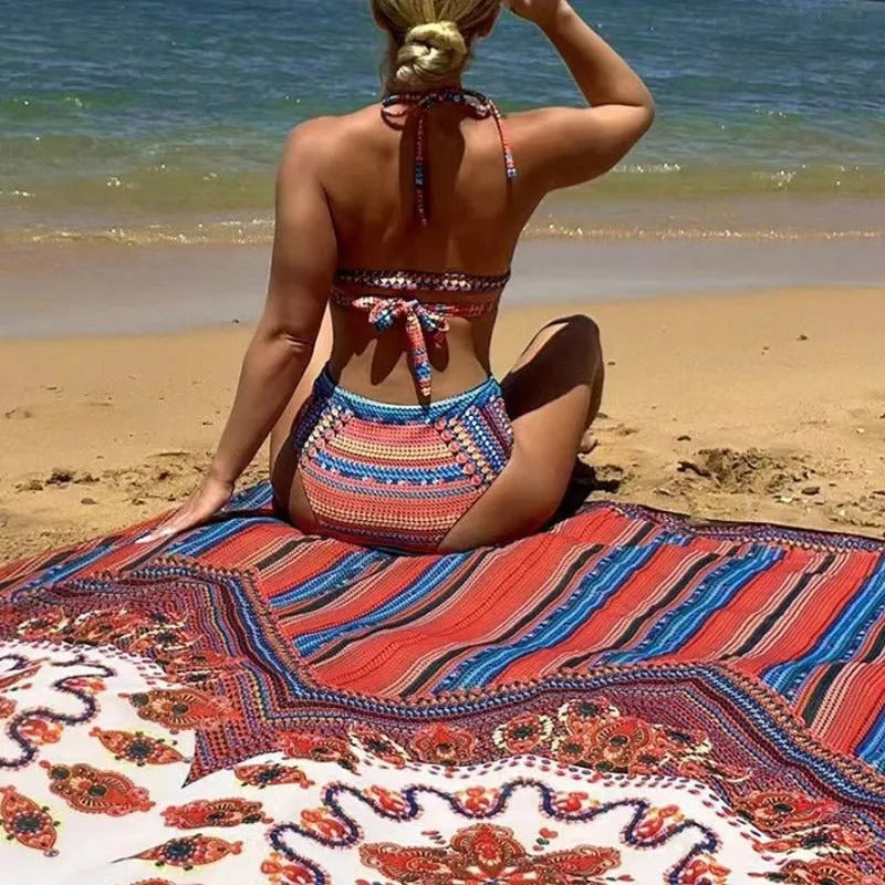 Women's three-piece swimsuit set showing high-waist bikini bottoms, cutout blouse top, and matching cover-up coat
