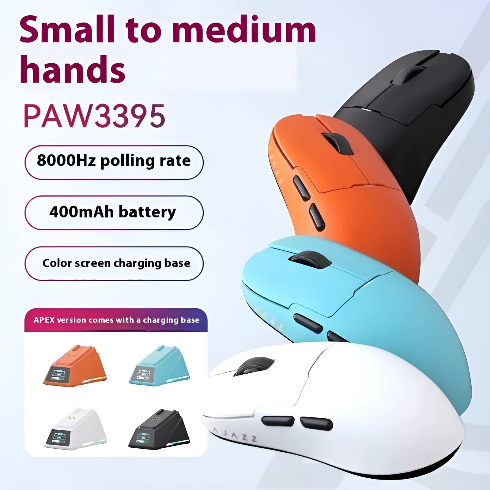 AJ159 three-mode gaming mouse in various colours with compact ergonomic design