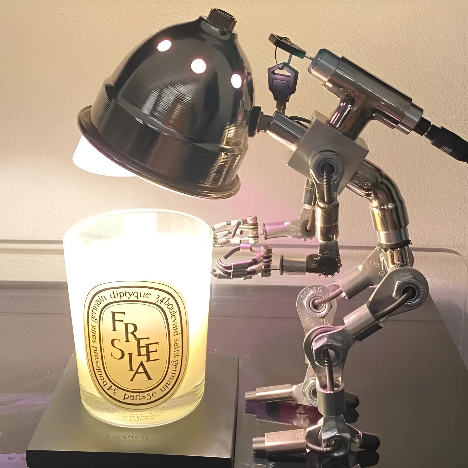 Creative robot night light in silver or copper finish, 22cm or 29cm tall with customisable graphics