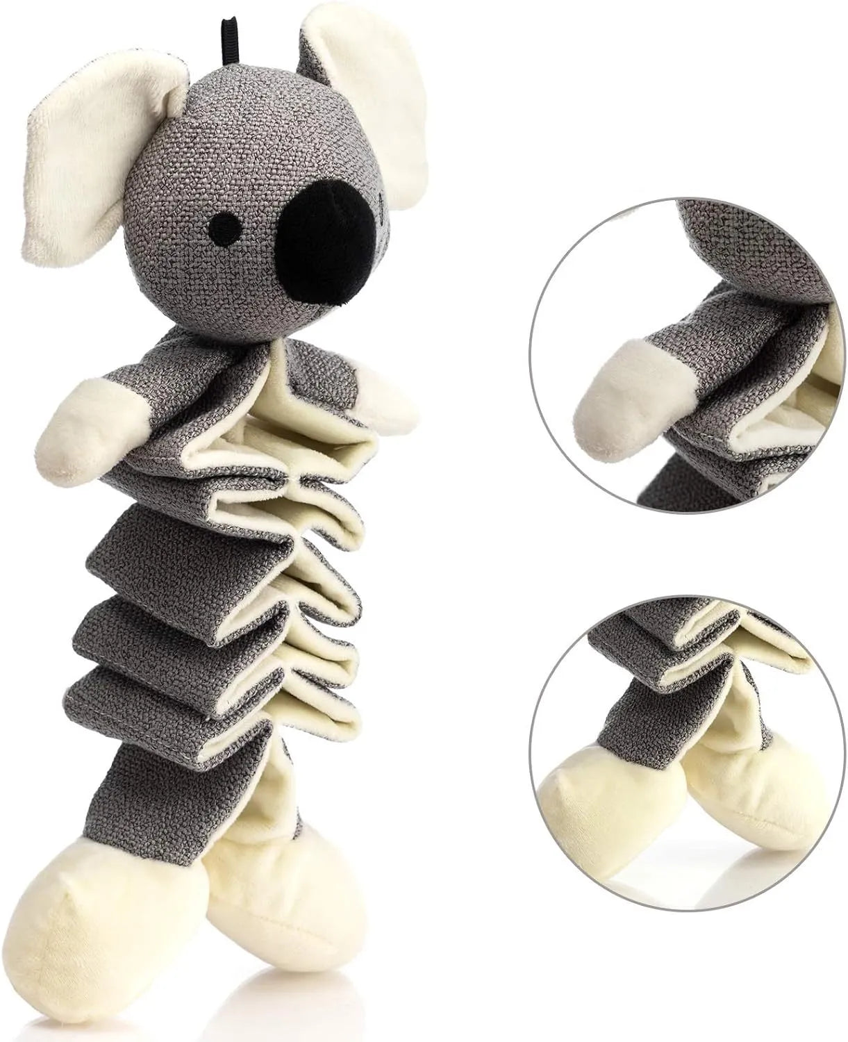 Grey koala stuffed dog toy measuring 30cm long with plush limbs and durable cloth body.