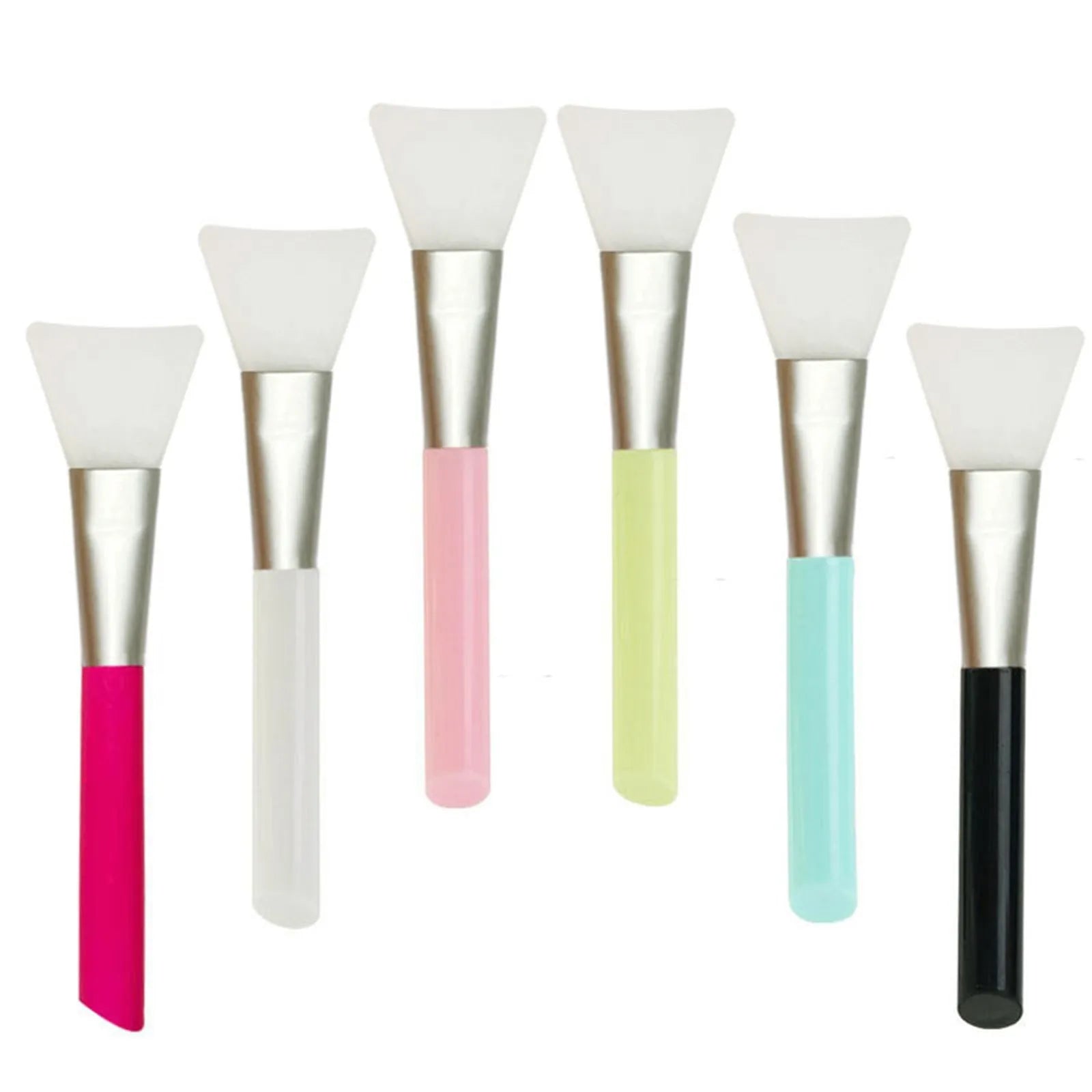 Reusable silicone face mask applicator spatula in one of six colours: black, blue, pink, rose red, white, or yellow.