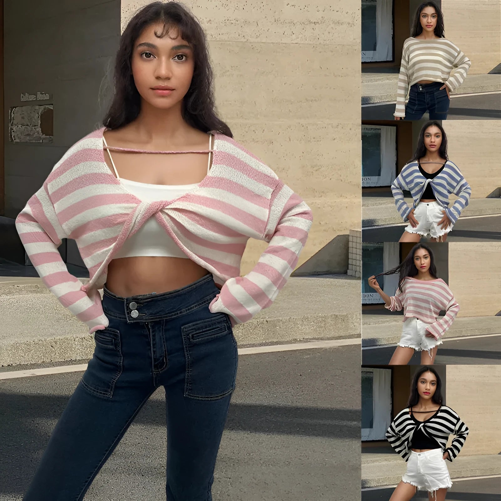 Women's striped long-sleeved sweater with exposed navel detail in mercerised cotton