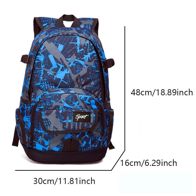 Blue or red classic nylon backpack showing large capacity design for school, travel, and outdoor use.