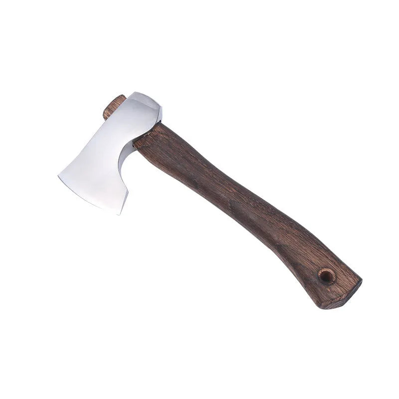 Camping axe with high carbon steel head and wooden handle measuring 250mm length