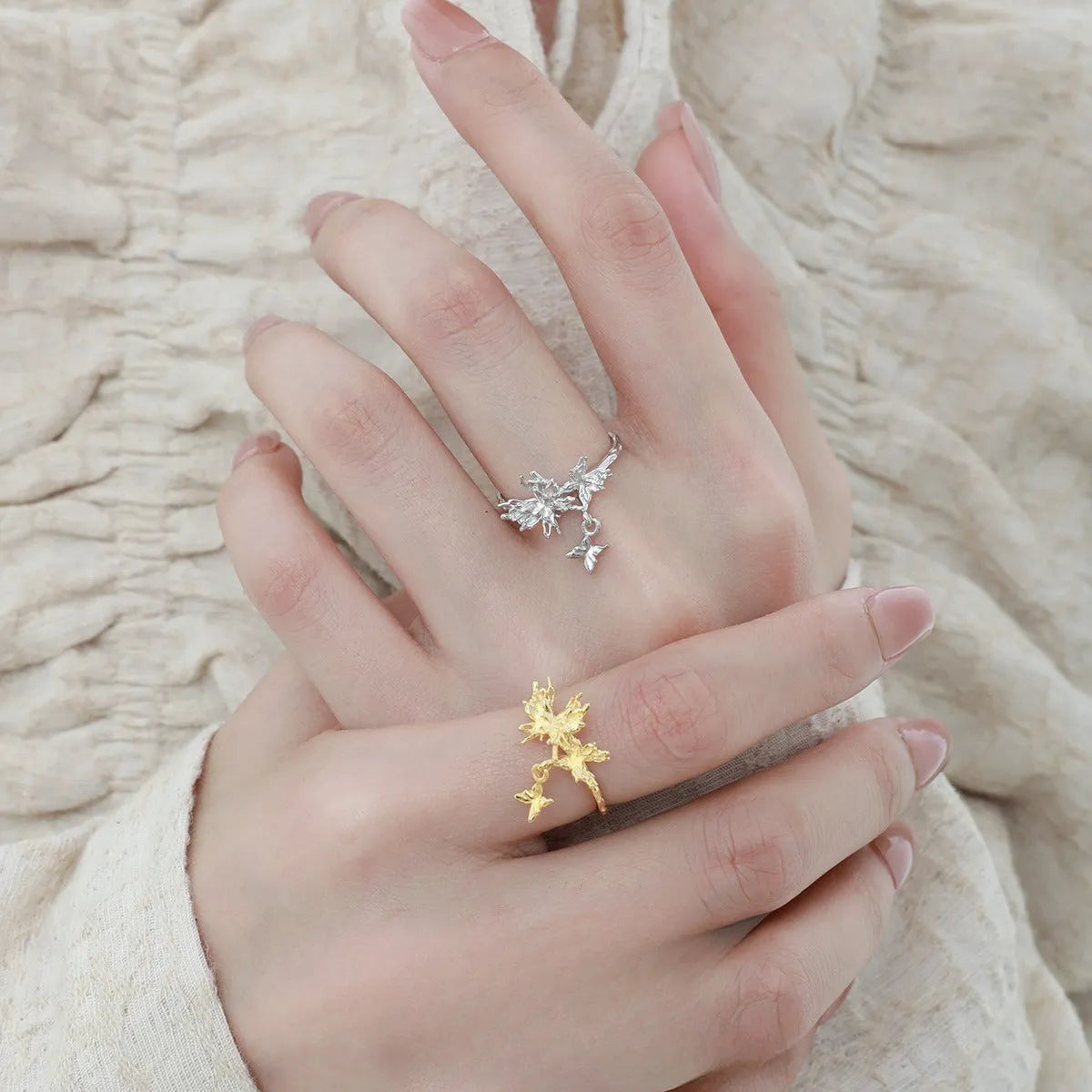 Silver earrings with adjustable butterfly ring in electroplated gold colours