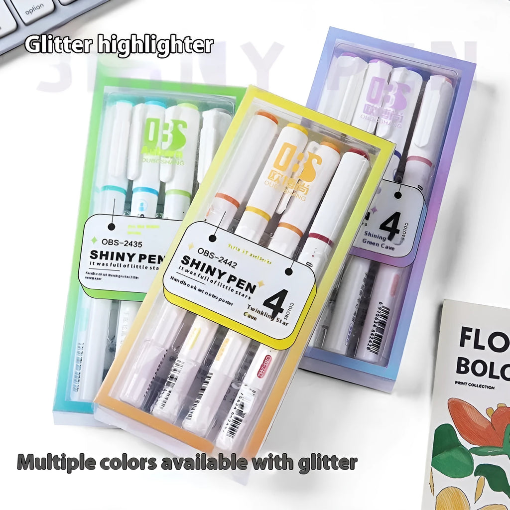 Four glitter highlighter pens with slanted 4mm tips in assorted fluorescent colours
