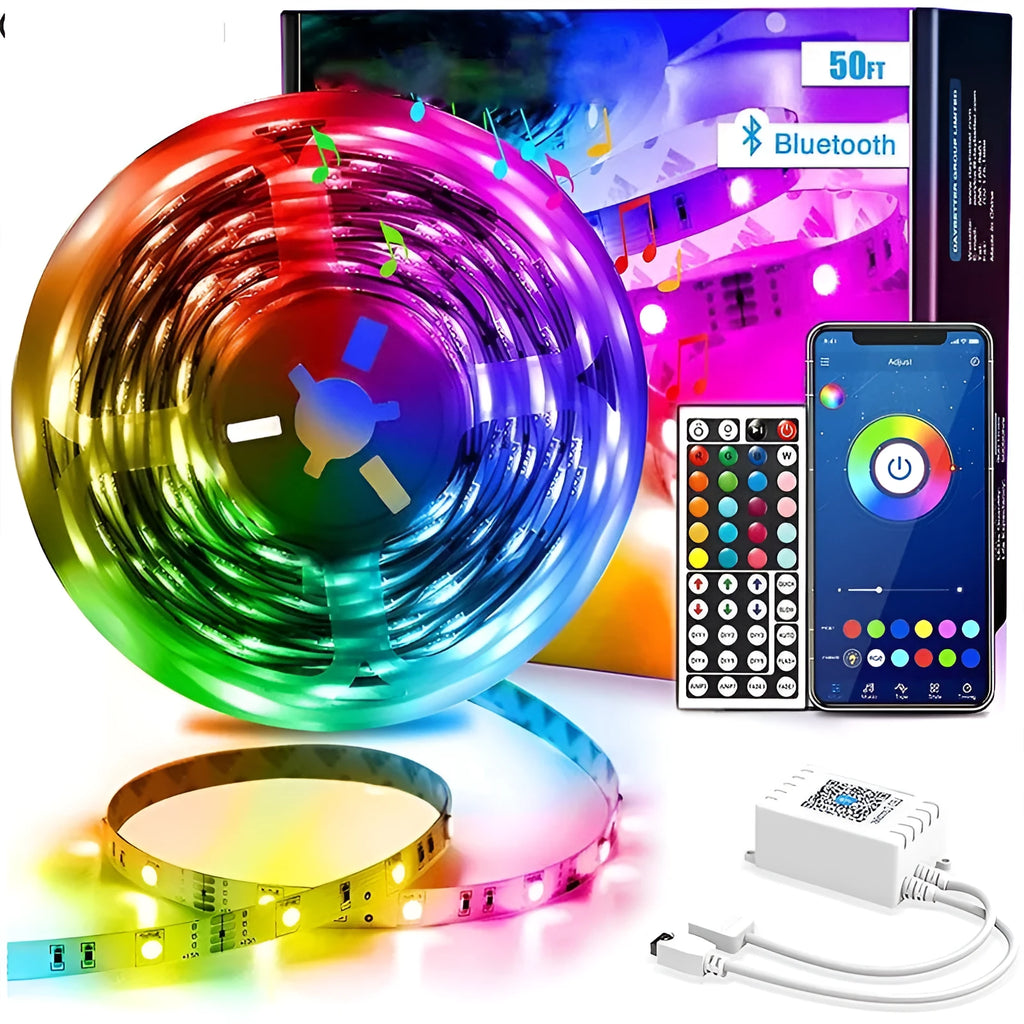 Bluetooth-controlled RGB LED light strip kit with remote on a 5-metre roll, showing UK plug adapter.