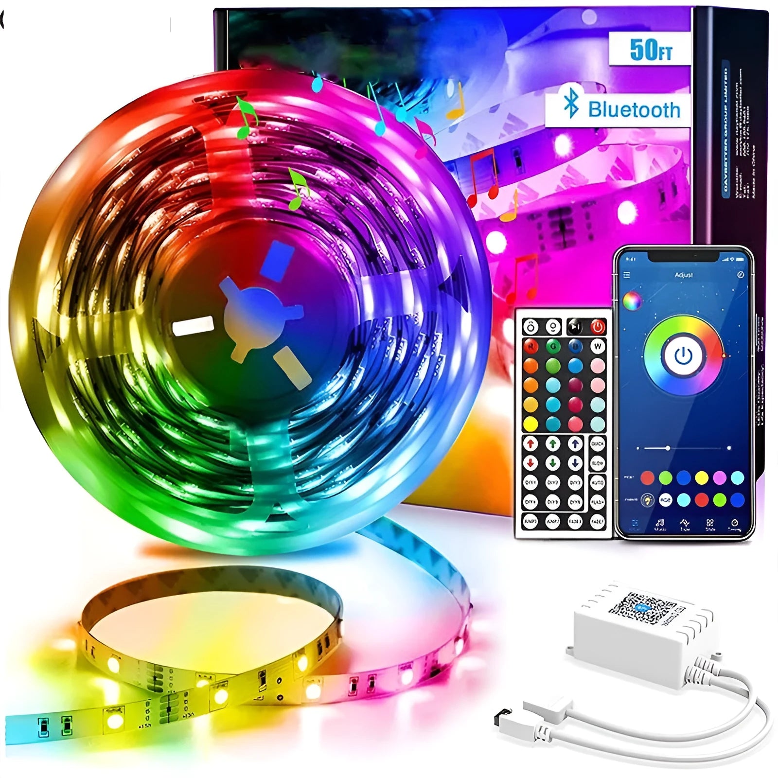 Bluetooth-controlled RGB LED light strip kit with remote on a 5-metre roll, showing UK plug adapter.