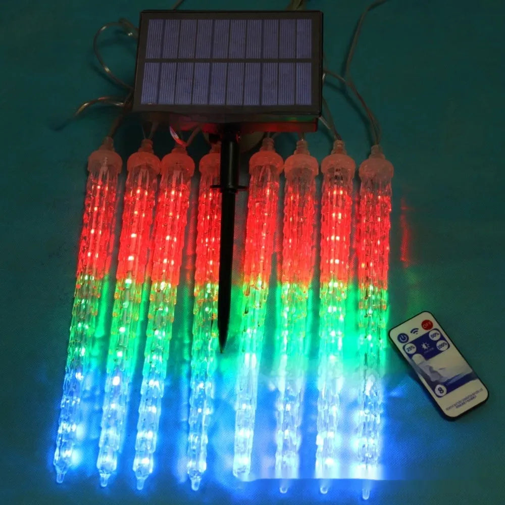Solar LED ice cone meteor shower Christmas lamp with remote control in flower-shaped plastic design