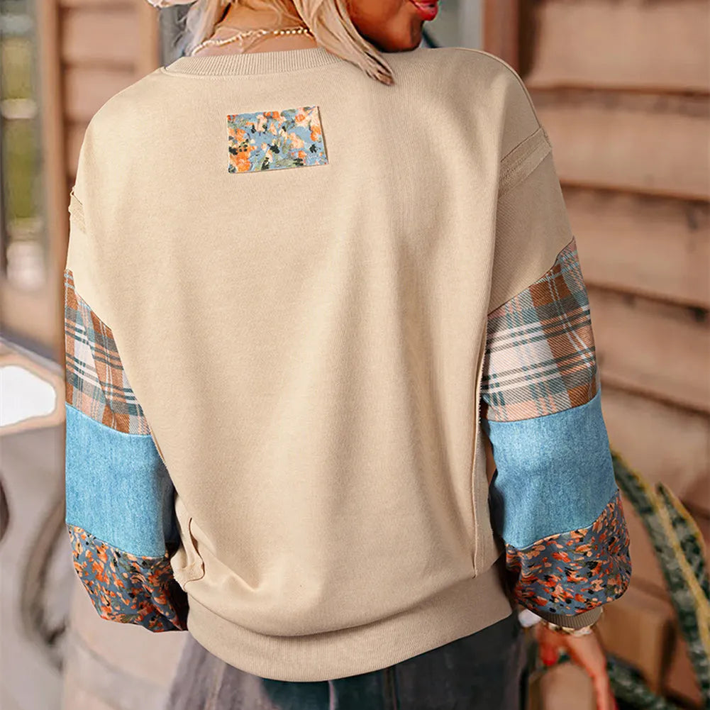 Women's loose fit long-sleeved top with beige and red plaid splicing pattern and pullover design