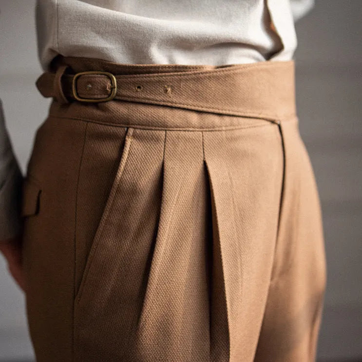 Men's high-waisted straight leg casual trousers in black, shown laid flat.