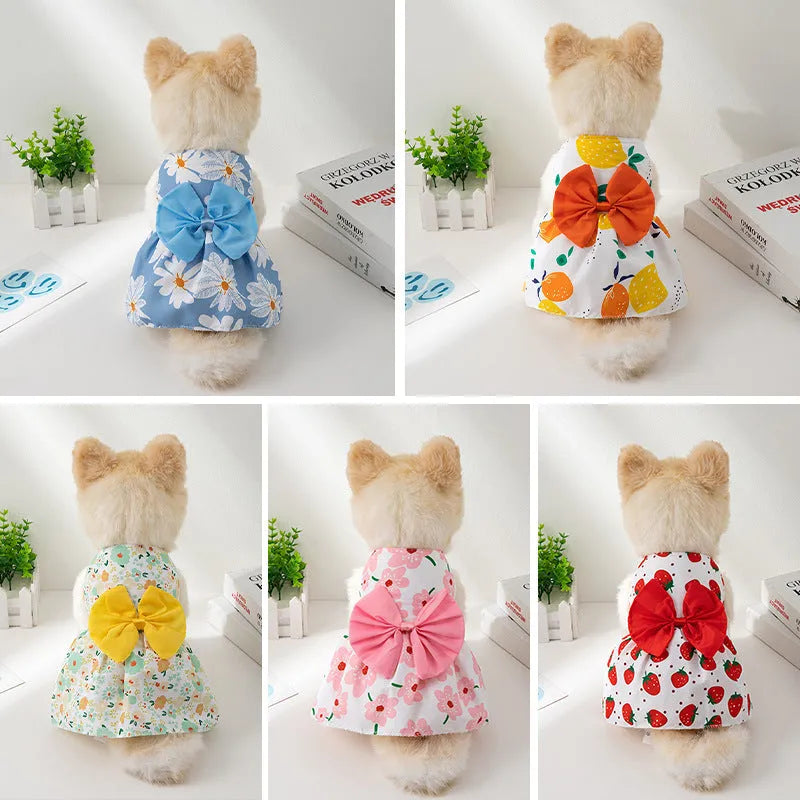 Ultra-thin floral butterfly knot pet dress for dog or cat with coloured bow, shown in blue.