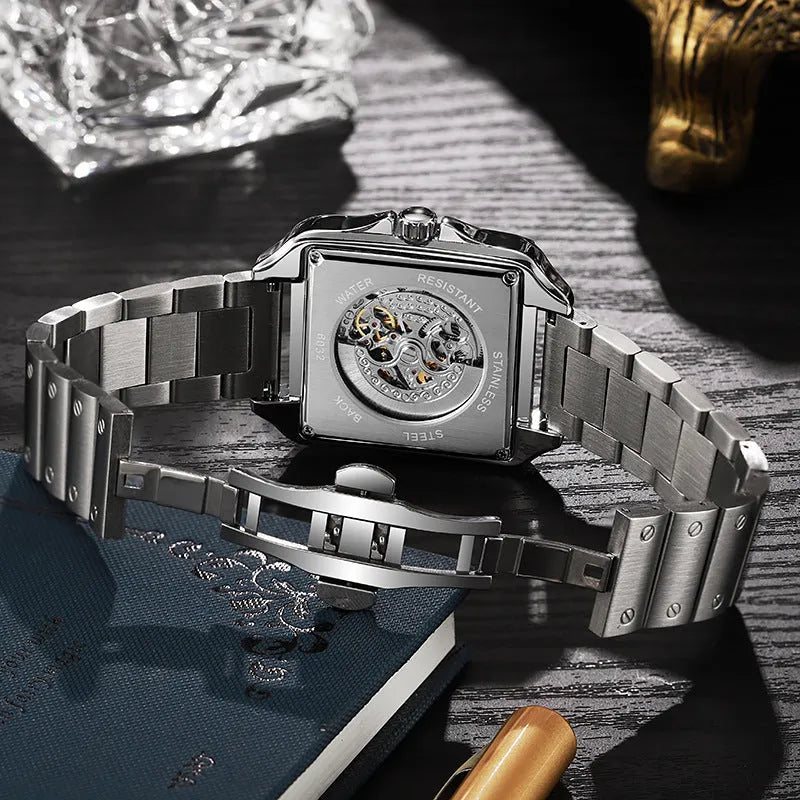 Men's square automatic watch with diamond-studded design on black leather strap