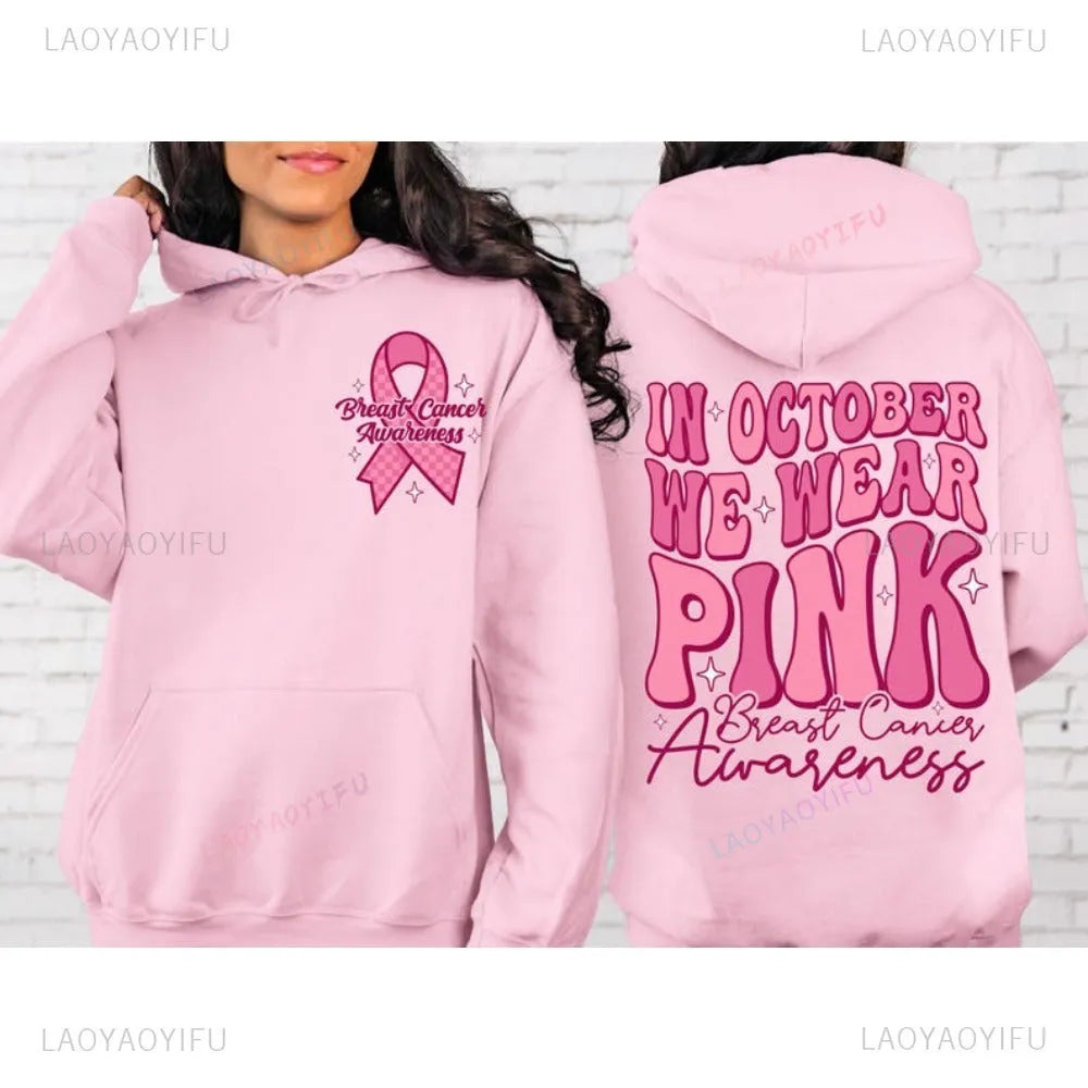 Pink Breast Cancer Awareness pullover hoodie with art retro design and side seam pocket.