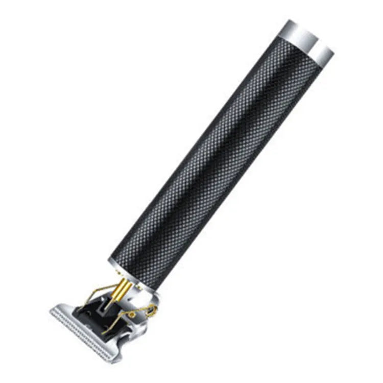Black rechargeable electric hair clipper with four comb attachments and a cleaning brush on a table.