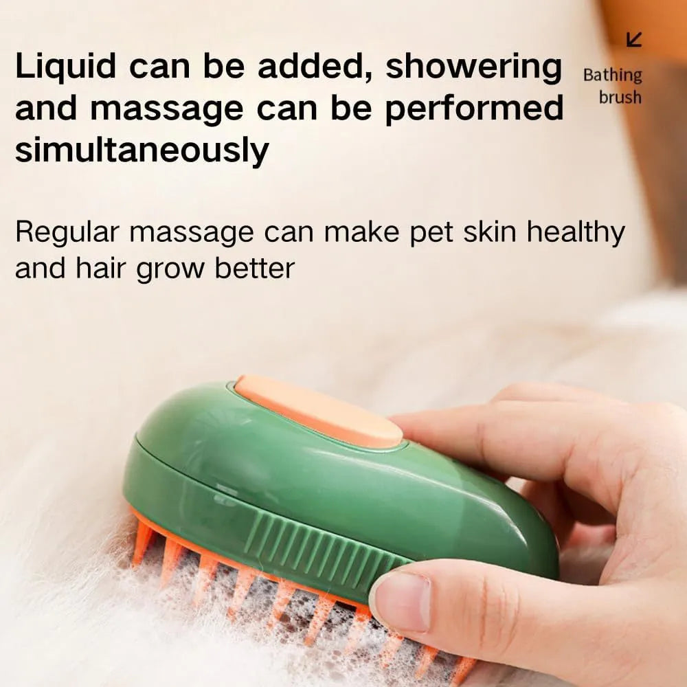 Green and white rechargeable cat steam brush with soft silicone teeth on a wooden table