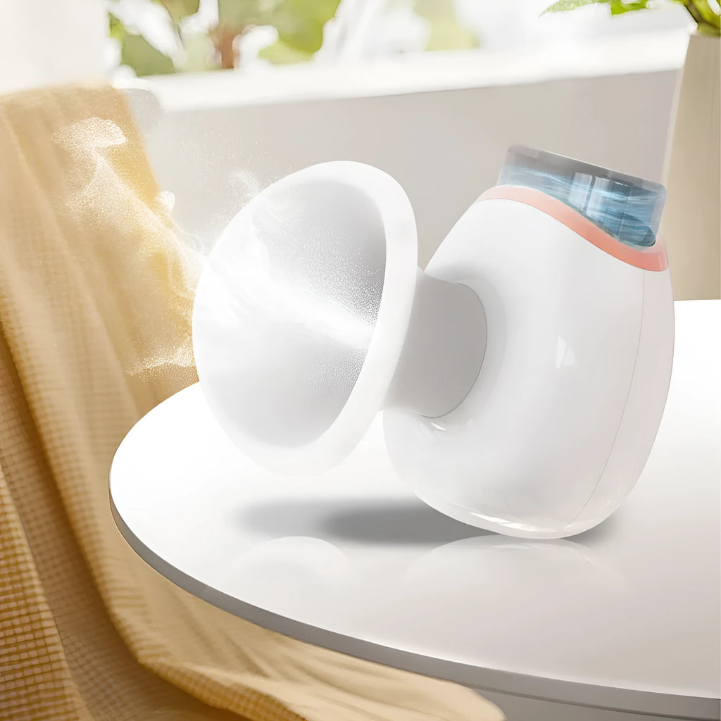 White and purple household eye humidifier with charging cable on desktop