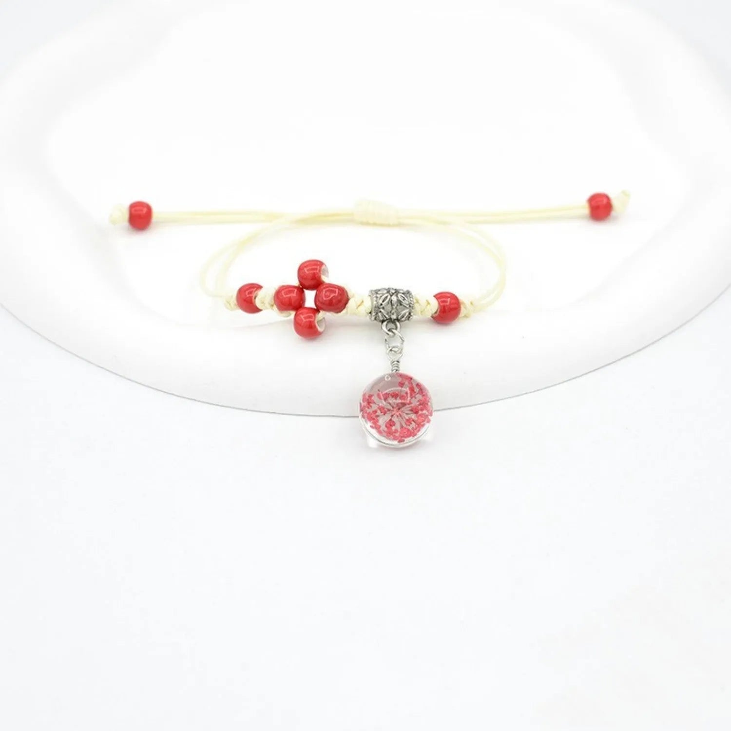 Glass dried flower bracelet with hand-woven lace and 1.4cm beads in multiple colour options