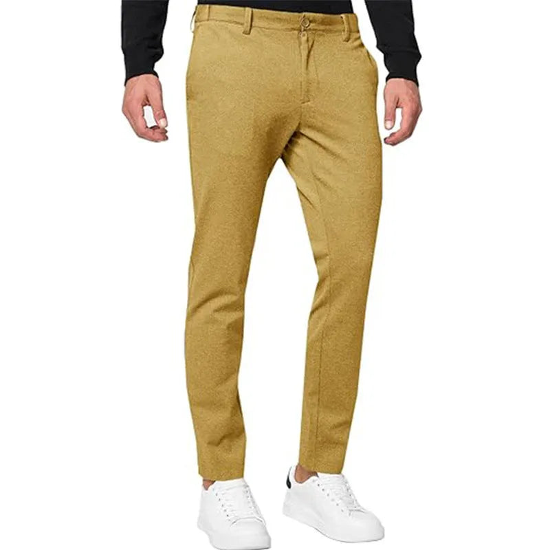 Men's slim-fit tapered chino trousers in stretch cotton blend fabric showing army green colour option