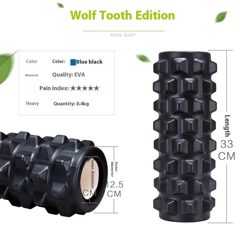 Black fitness foam roller measuring 33cm length with six massage pieces for muscle therapy