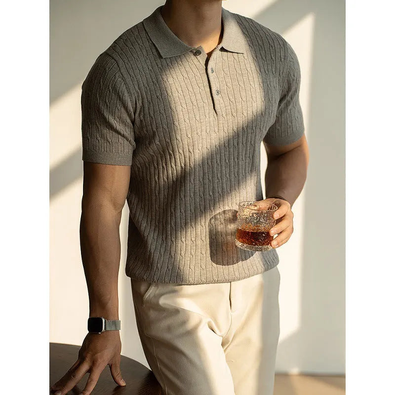 Men's short sleeve business commute top in khaki colour showing front view with size options