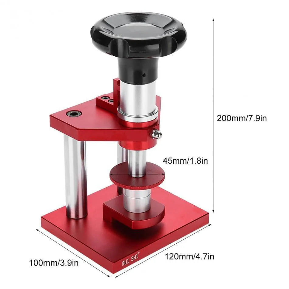 Watch repair spiral cap presser tool with twenty plastic moulds for different watch case sizes