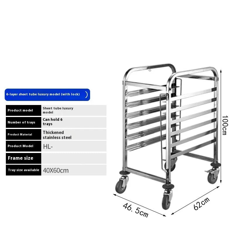 Six-layer stainless steel baking tray rack with locking mechanism for 40x60cm commercial trays