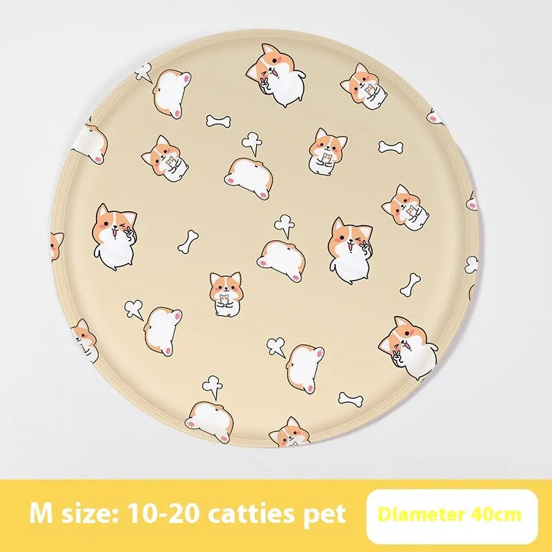 Round cartoon-themed dog cooling mat on a floor, showing gel-filled design and soft cloth cover.