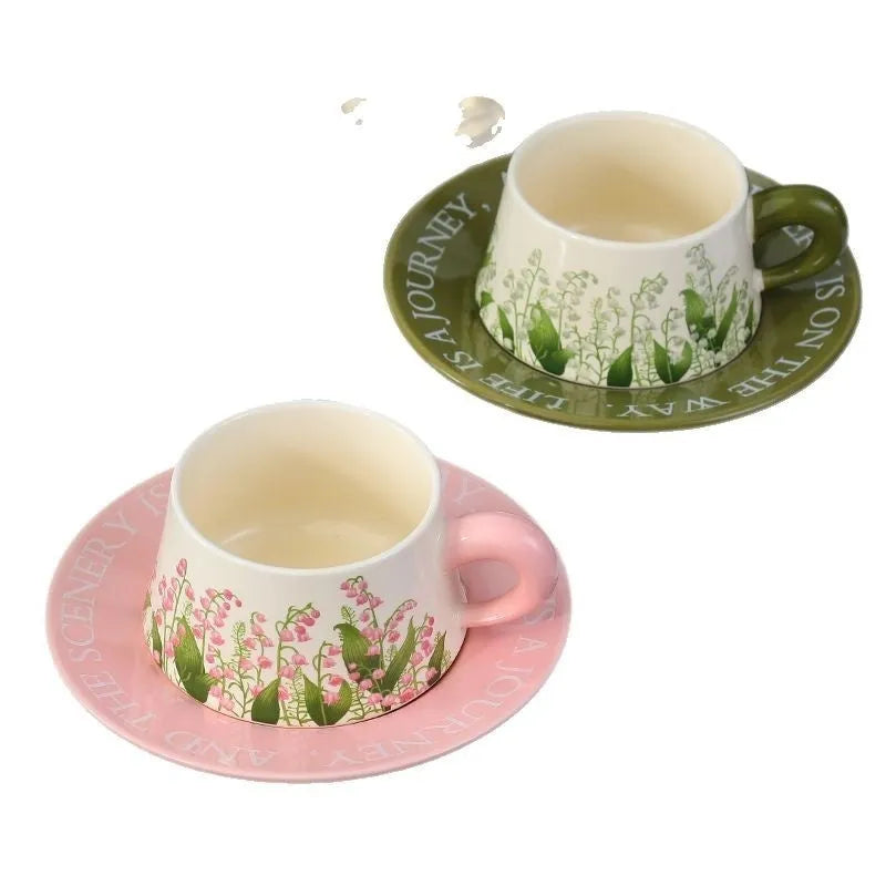 Ceramic coffee cup and saucer set for two with stirring spoons in Campanula design