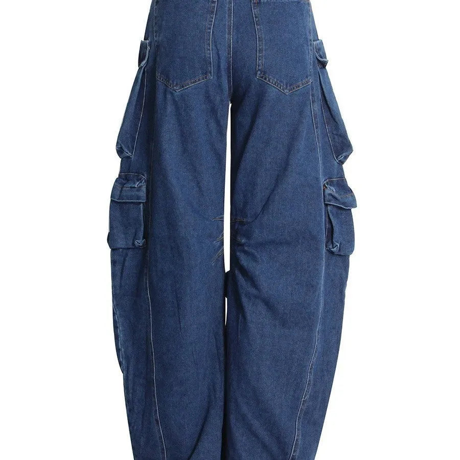 Dark blue distressed wide-leg high waist women's jeans with multiple pockets.