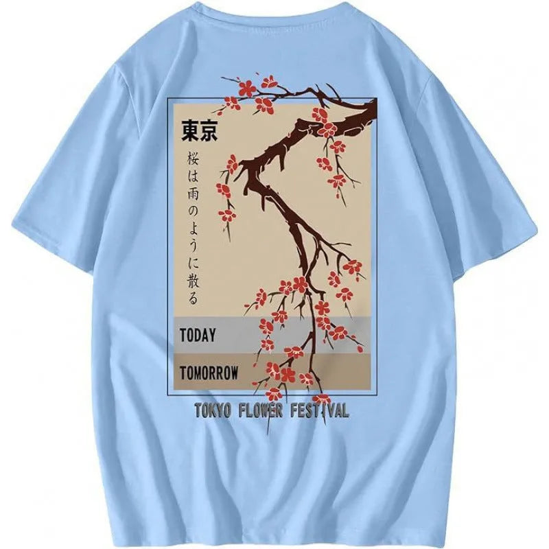 Men's printed short-sleeve street sports t-shirt on a hanger showing one of ten colour designs.